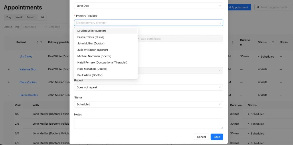Add Appointment dialog with primary provider and patient — what AI answering should write
