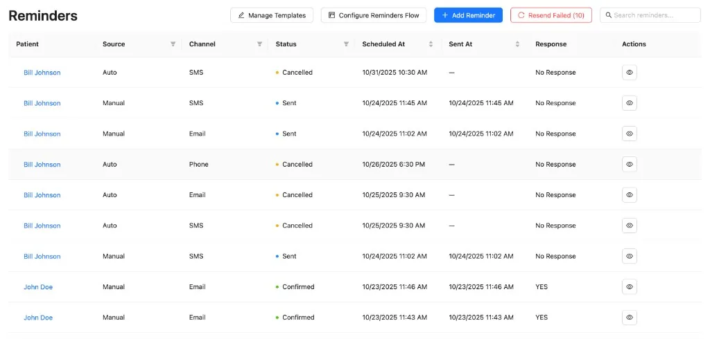 VCare Health reminders inbox with source, channel, status, and patient response
