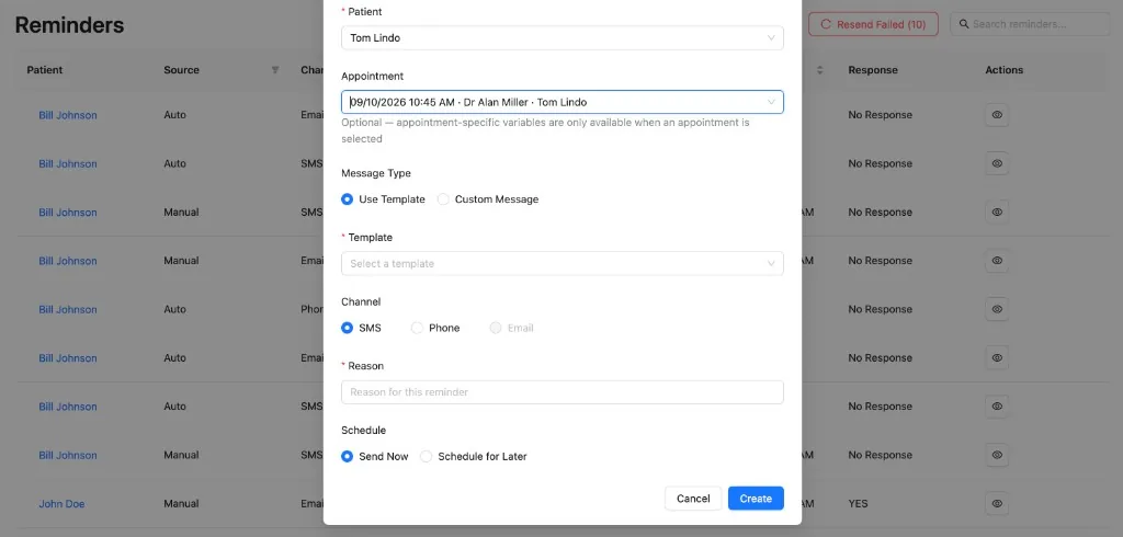 Create Reminder form for a patient appointment with SMS and send now