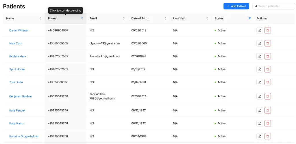 VCare Health patients list with name, phone, email, date of birth, last visit, and status