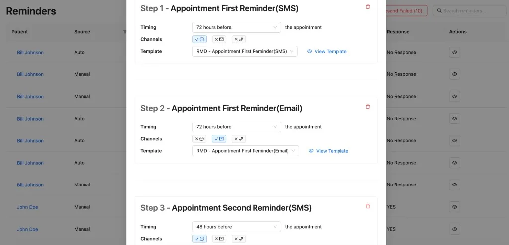 Reminder workflow settings with SMS 72 hours before and email 48 hours before an appointment