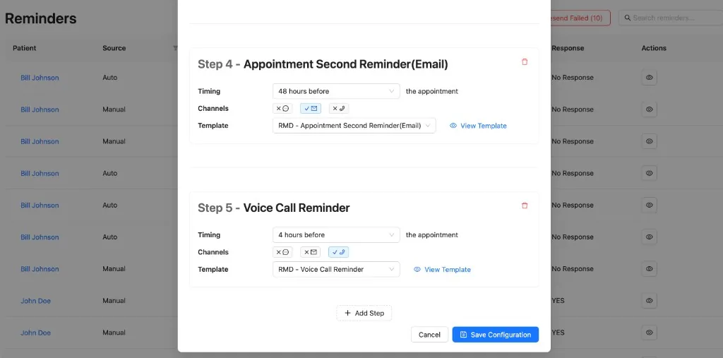 Reminder workflow settings with an email step 48 hours before and a voice call 4 hours before